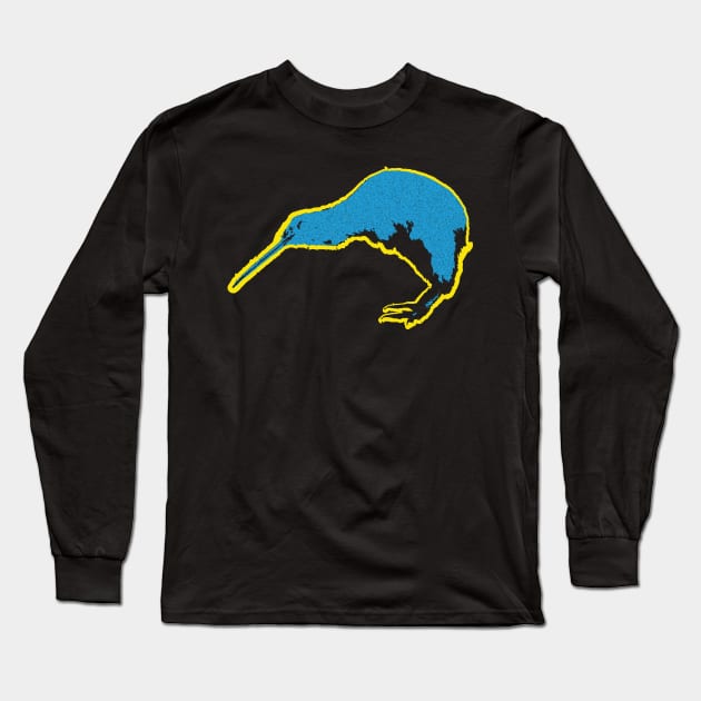 Minimalistic Retro 80's Kiwi Bird Blue and Yellow Long Sleeve T-Shirt by pelagio